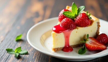 Delicious cheesecake topped with fresh strawberries and raspberry sauce on a wooden table.