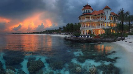 Majestic Oceanfront Mansion at Sunset with Coral Reef