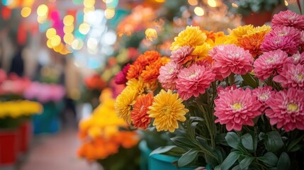 Spring festival celebration, close-up of vibrant flowers and traditional decorations, bright and joyful setting