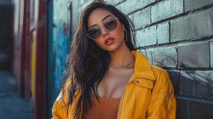 Obraz premium Stylish Woman in Yellow Jacket Posing Against Brick Wall Outdoors Fashionable Sunglasses Brown Hair Beautiful Model Trendy Urban 