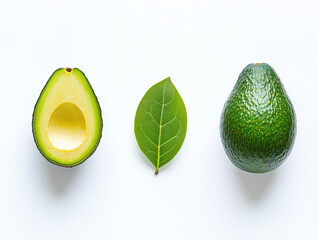 A perfectly ripe avocado is cut in half, revealing its vibrant green interior and whole seed, beautifully displayed on a pristine white backdrop.