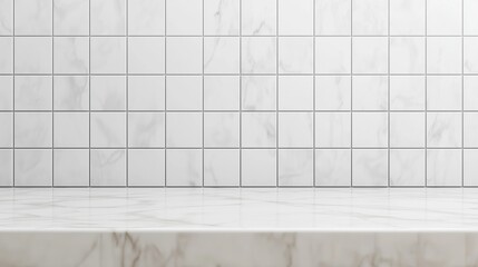 Blurry tiled wall bathroom background with empty white marble tabletop