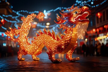 Illuminated Dragon Lantern At Night Festival Celebration