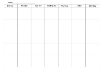 Blank calendar page. Simple monthly planner. Grid layout schedule. Vector illustration.