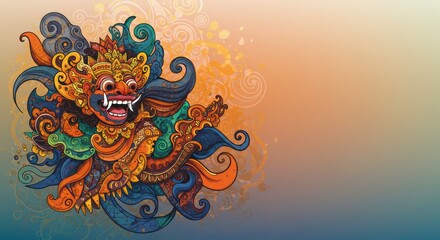 Barong Mask with Swirling Patterns: A vibrant, intricate barong mask bursts with life against a warm, gradient background, adorned with swirling, floral patterns in a captivating blend of colors.