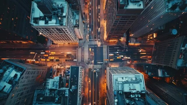Urban symmetry: aerial cityscape reflection at night with traffic movement