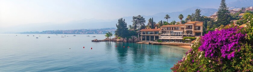 Fototapeta premium Coastal villa, summer bay, boats, hazy mountains. Vacation postcard