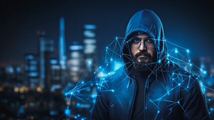 Hacker are planning to hack and attack networks and cyber security systems.Smart digital Innovation city with connection network reciprocity over the cityscape