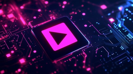 Play button icon on digital circuit board. Modern tech style vibrant pink
