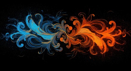 Fiery Ice Dance: An abstract artwork showcasing a mesmerizing dance of fire and ice, swirling in a captivating blend of orange and blue hues against a stark black background.