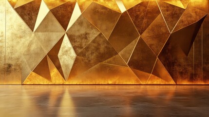 Geometric gold wall with intricate triangular patterns and a matching gold floor, ideal for luxurious and modern interior design themes