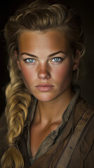 Fototapeta premium Portrait of a Strong Female Bounty Hunter with Pale Blue Eyes
