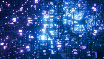 Abstract glowing futuristic technology business background with blue scifi theme and bright atmospheric light. 3d illustration of computer science, big data and digital internet networks. 
