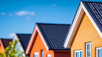 Colorful rooftops of modern houses against a clear blue sky.