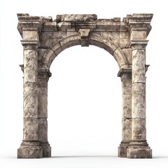 Obraz premium A realistic photograph of an ancient Roman stone archway, isolated on a white background with no shadows or reflections.