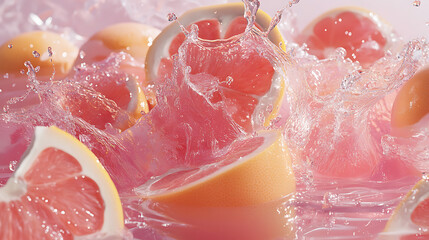 Fototapeta premium zesty grapefruit halves splashing in water, pink interiors and refreshing tones. 