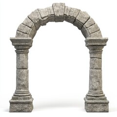 Obraz premium A realistic photograph of an ancient Roman stone archway, isolated on a white background with no shadows or reflections.
