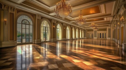 Naklejka premium Grand Ballroom with Sunlight Streaming Through Arch Windows