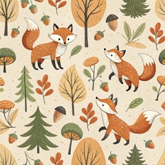 Adorable Fox Autumn Seamless Pattern Woodland Animals Trees Leaves Berries and Acorns Illustration