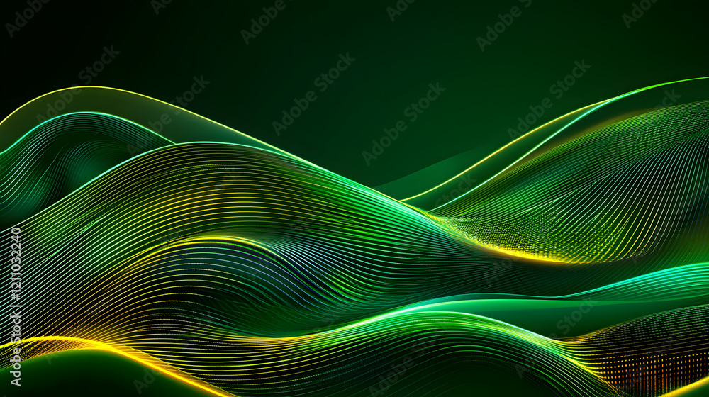 Poster dynamic green waves flowing in abstract art design digital realm motion graphics tranquil aesthetic 