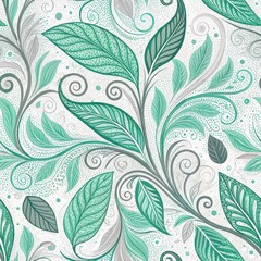 Elegant Teal and Gray Floral Seamless Pattern Ornate Leaves and Swirls Design Vintage Botanical