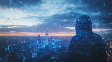 Hacker are planning to hack and attack networks and cyber security systems.Smart digital city with connection Innovation network reciprocity over the cityscape