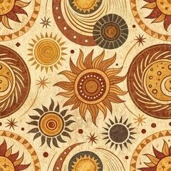 Abstract Celestial Sun and Moon Pattern Ornate Vintage Style Cosmic Design Beige and Brown Tones