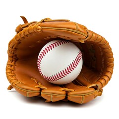  A brown leather baseball glove holding a white baseball, set against a blurred background.