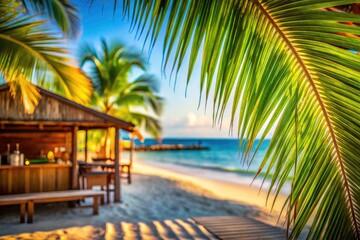 Fototapeta premium Beach Bar Palm Leaves Blurred Background Tropical Vacation Summer Paradise Island Getaway