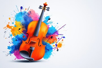 Fototapeta premium Vibrant violin amidst colorful paint splashes and musical notes.