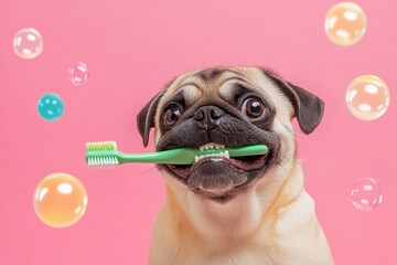Playful pug holding green toothbrush with floating bubbles on pink background
