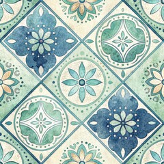 Seamless Teal and Blue Watercolor Floral Tile Pattern Vintage Geometric Design Moroccan Style