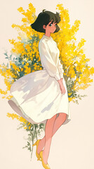 青春の光：ミモザと少女のレトロアニメイラスト。柔らかな水彩タッチのイラスト。スマートフォン9:16のアスペクト比