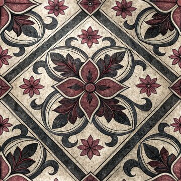 Elegant Vintage Floral Tile Pattern Ornate Maroon and Beige Design Seamless Texture