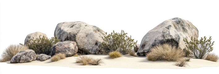 Boulders and rocks with vegetation on the ground, desert landscape. Isolated on a white background. PNG file for graphic design. 