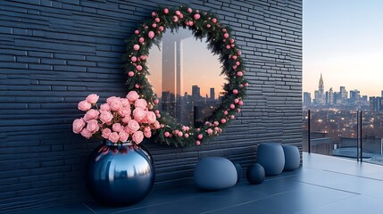 Modern Rooftop Decor with Floral Mirror and City View