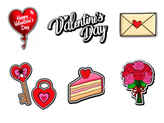 ready to print valentine's day stickers cake heart flowers transparent background