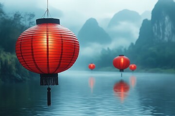 Obraz premium Red Lanterns Illuminate Misty Mountain River Scene