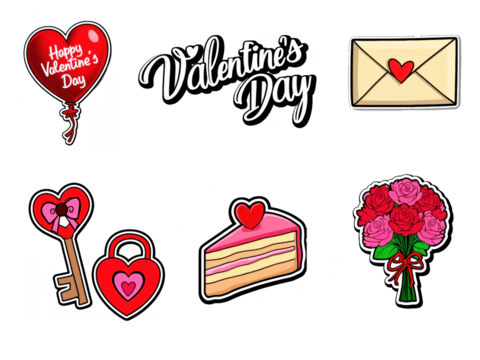 ready to print valentine's day stickers cake heart flowers transparent background