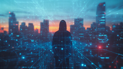 Hacker are planning to hack and attack networks and cyber security systems.Smart digital city with connection Innovation network reciprocity over the cityscape