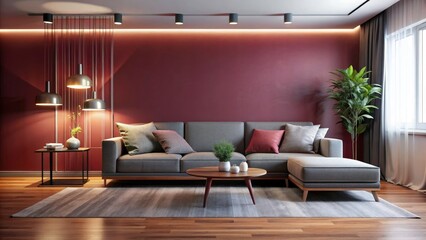 Long Exposure Minimalist Gray Sofa Burgundy Wall Living Room Interior Design Photography