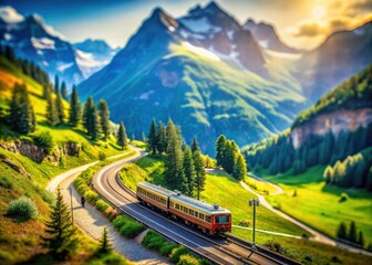 Majestic Alps, miniature train, vintage feel: Tilt-shift photography showcasing a scenic railway journey.