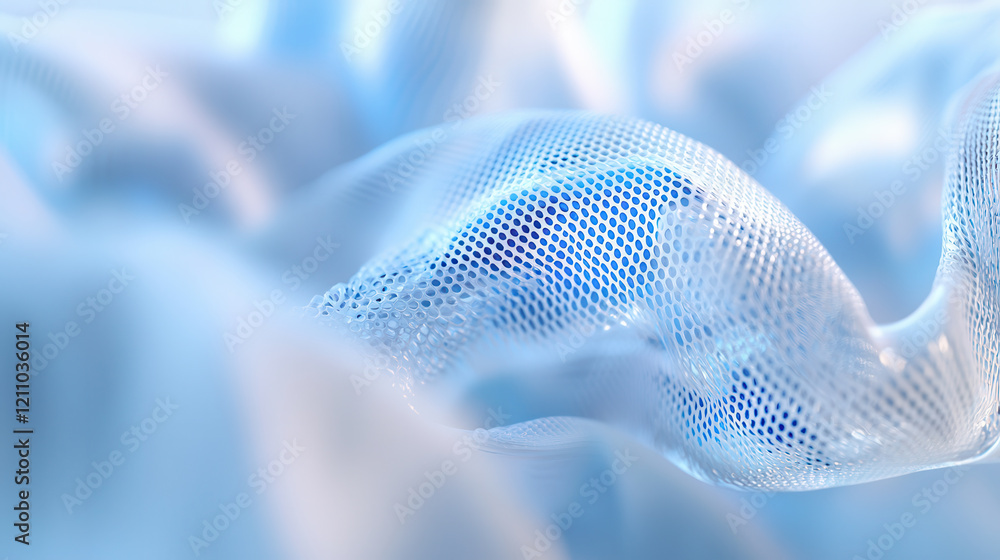 Poster futuristic textile glowing with embedded nano technology, featuring soft, flowing mesh structure and