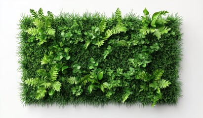 Fototapeta premium Artificial green plant wall with grass and leaves, isolated on a white background