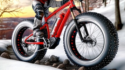 Obraz premium Fat bike rider on snowy trail, winter sunset, canyon background