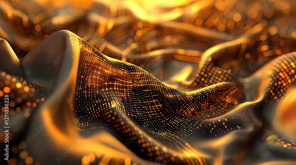Aufkleber high tech fabric with glowing nano circuits shimmering in golden light, creating futuristic and dyna