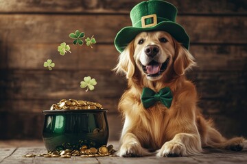 Golden retriever in st. patrick's day attire with pot of gold and shamrocks