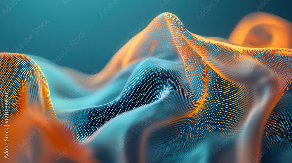 Poster abstract digital waves with vibrant orange and blue hues, resembling flowing fabric embedded with na