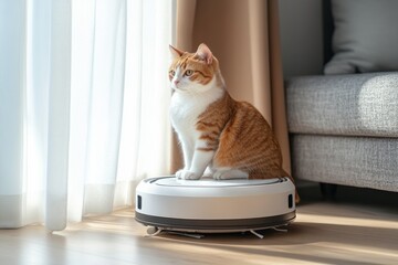 Cat sitting on robot vacuum by window in sunlit room