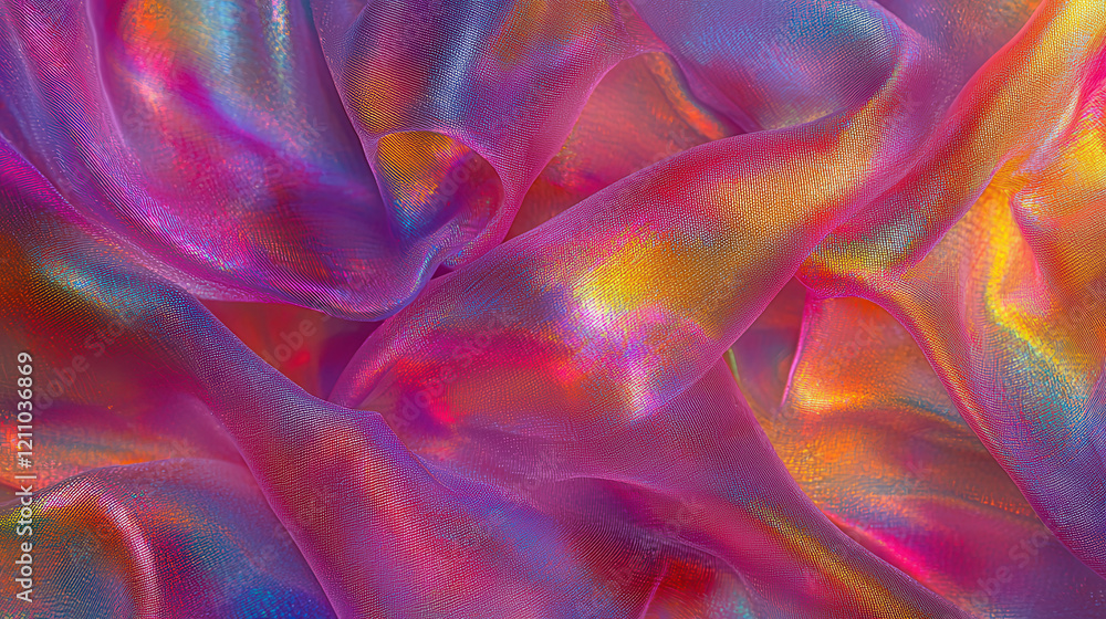 Poster vivid holographic fabric with flowing textures and vibrant rainbow hues, creating mesmerizing and dy